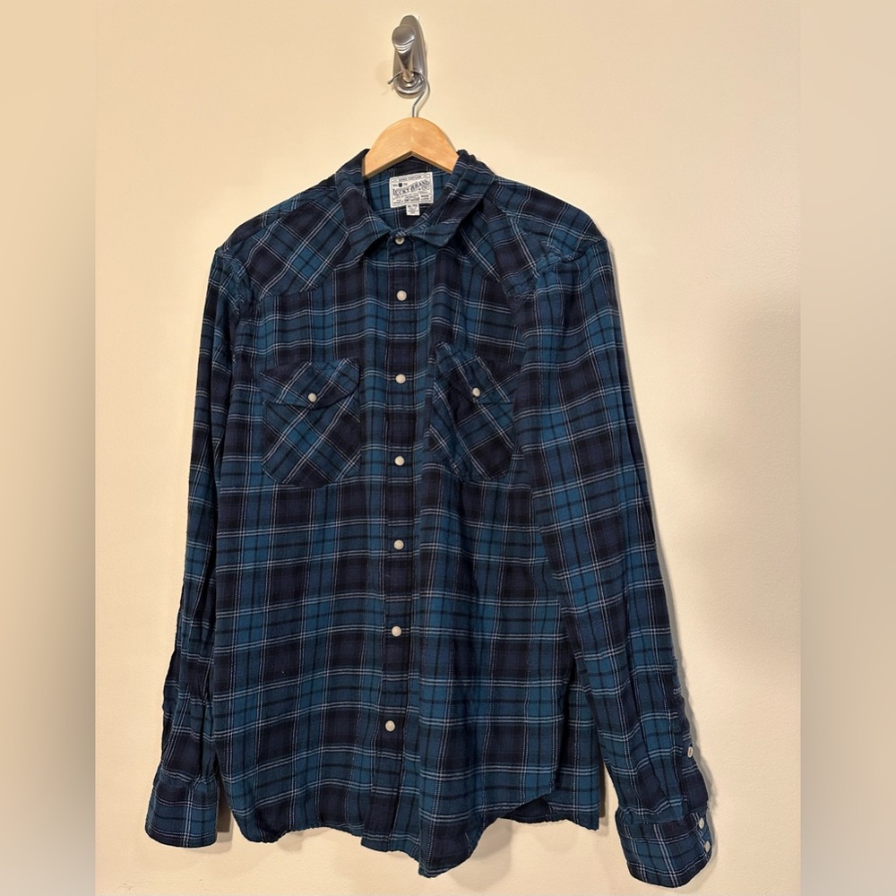 Men's LUCKY BRAND Blue + Plaid Flannel Western Shirt 
Size XL
